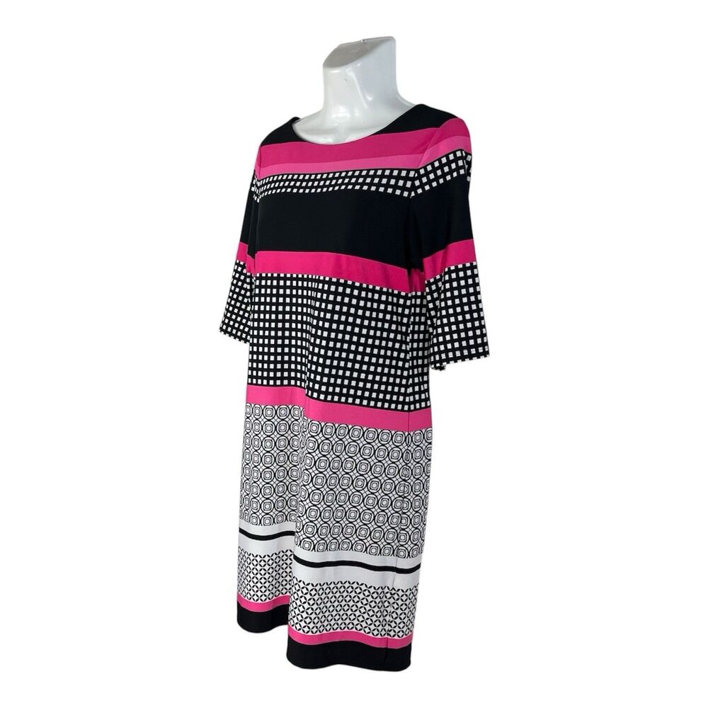 Sandra Darren Shift Dress Women's 6 Pink Black Mixed Media 3/4 Sleeve Casual Mod